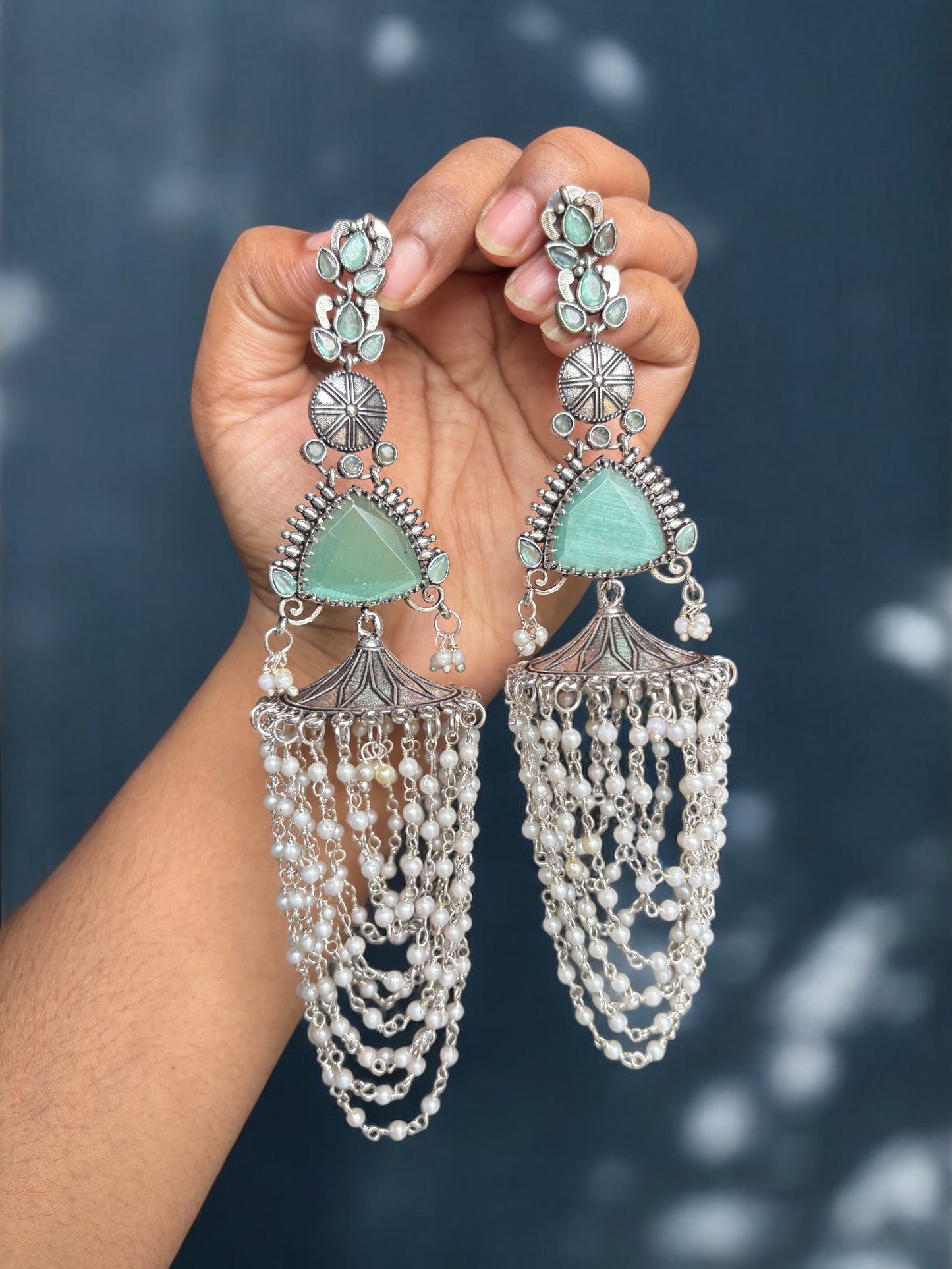 Shanaya Long Silver Monalisa Jhumka