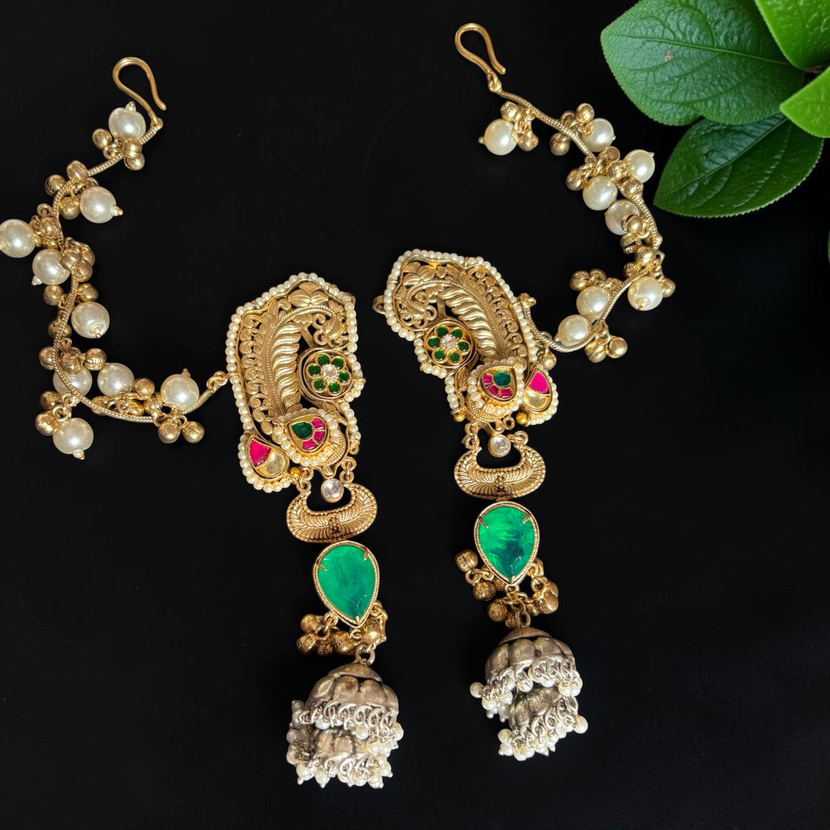 Royal Green Kundan Ear Cuff Jhumka | Traditional Designer Earrings