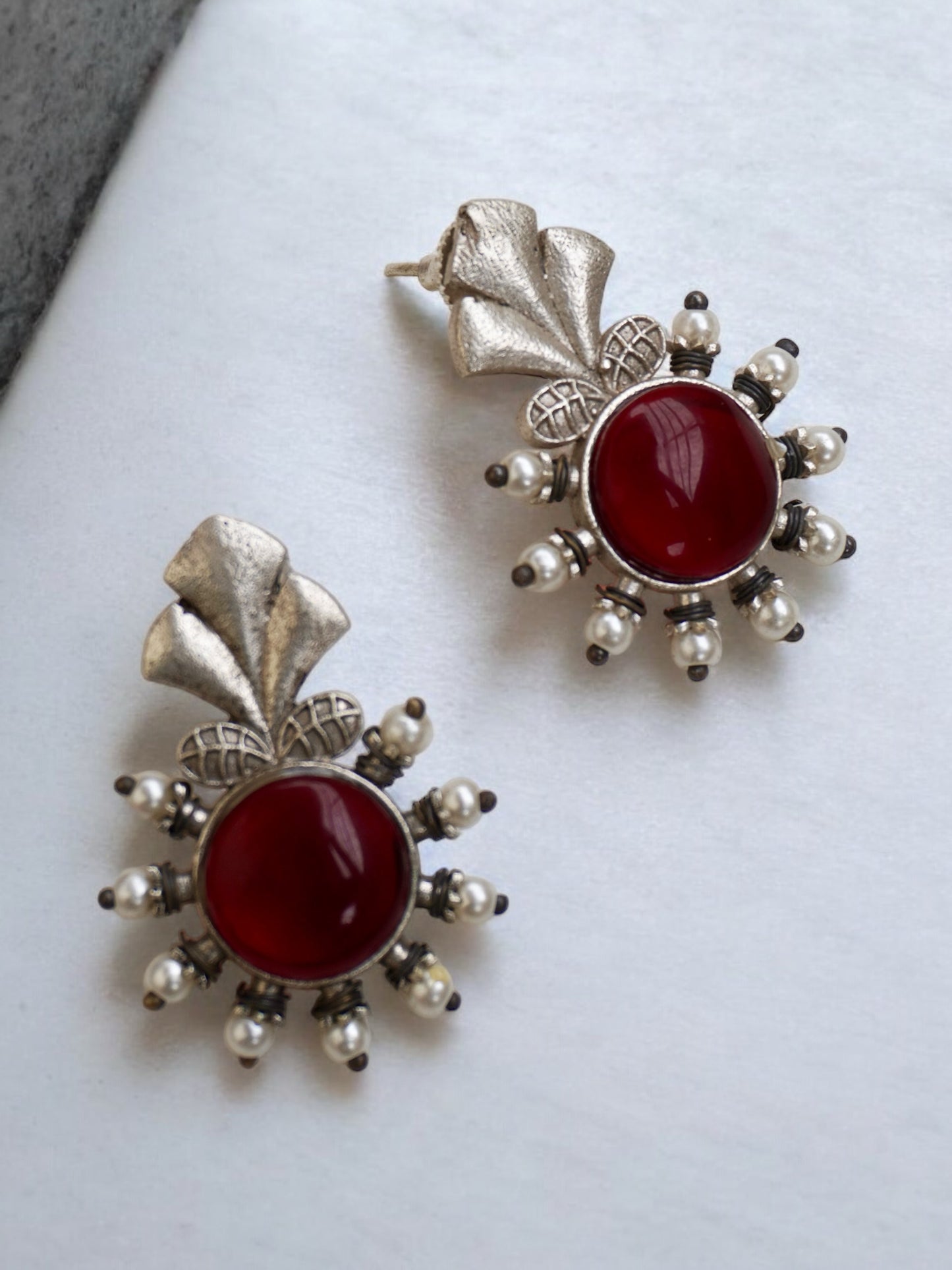 Anaya Silver Replica Jhumka with Monalisa Stone and Flower Pattern