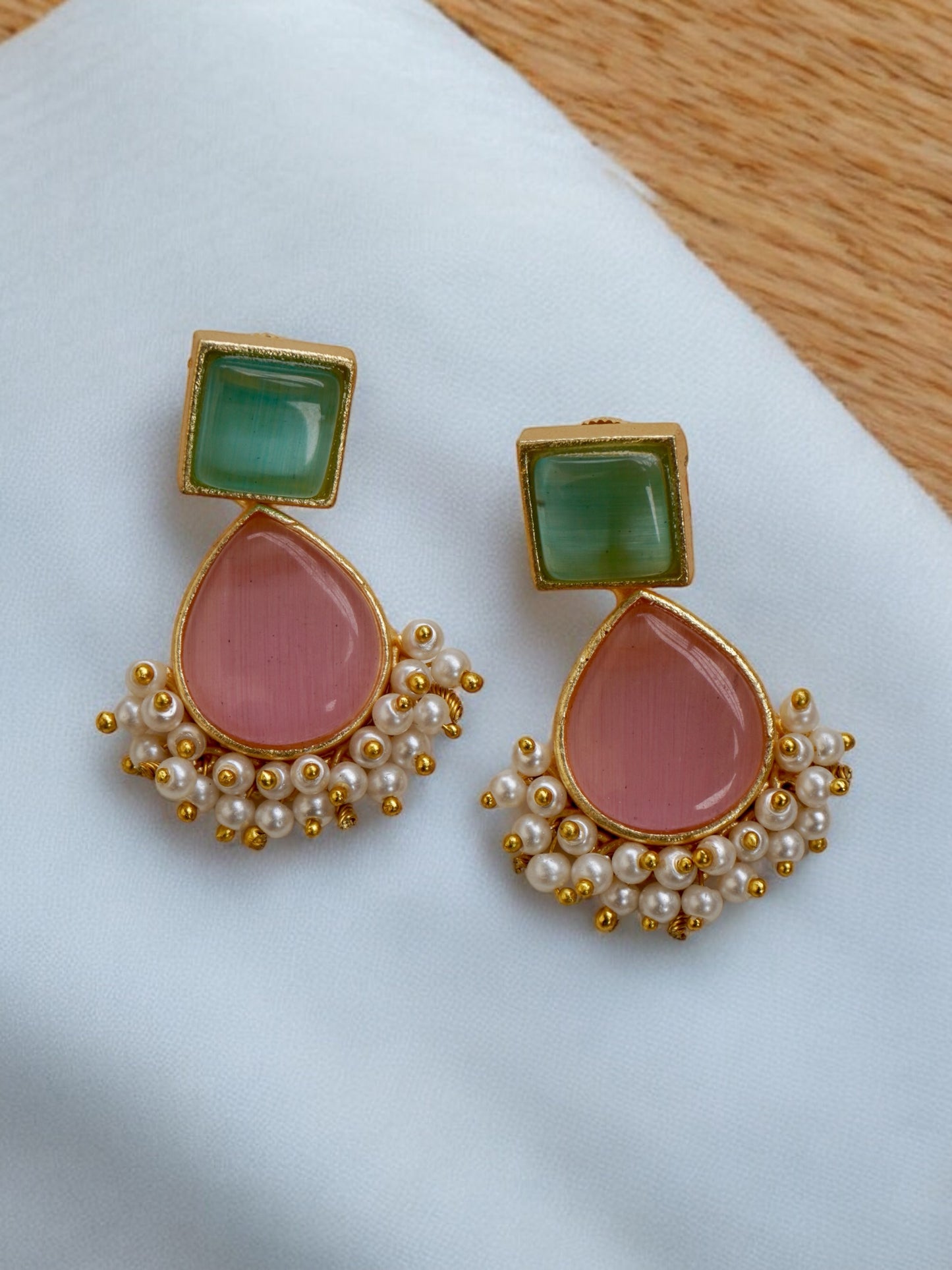 Hana Golden Brass Earring with Original Monalisa Stone