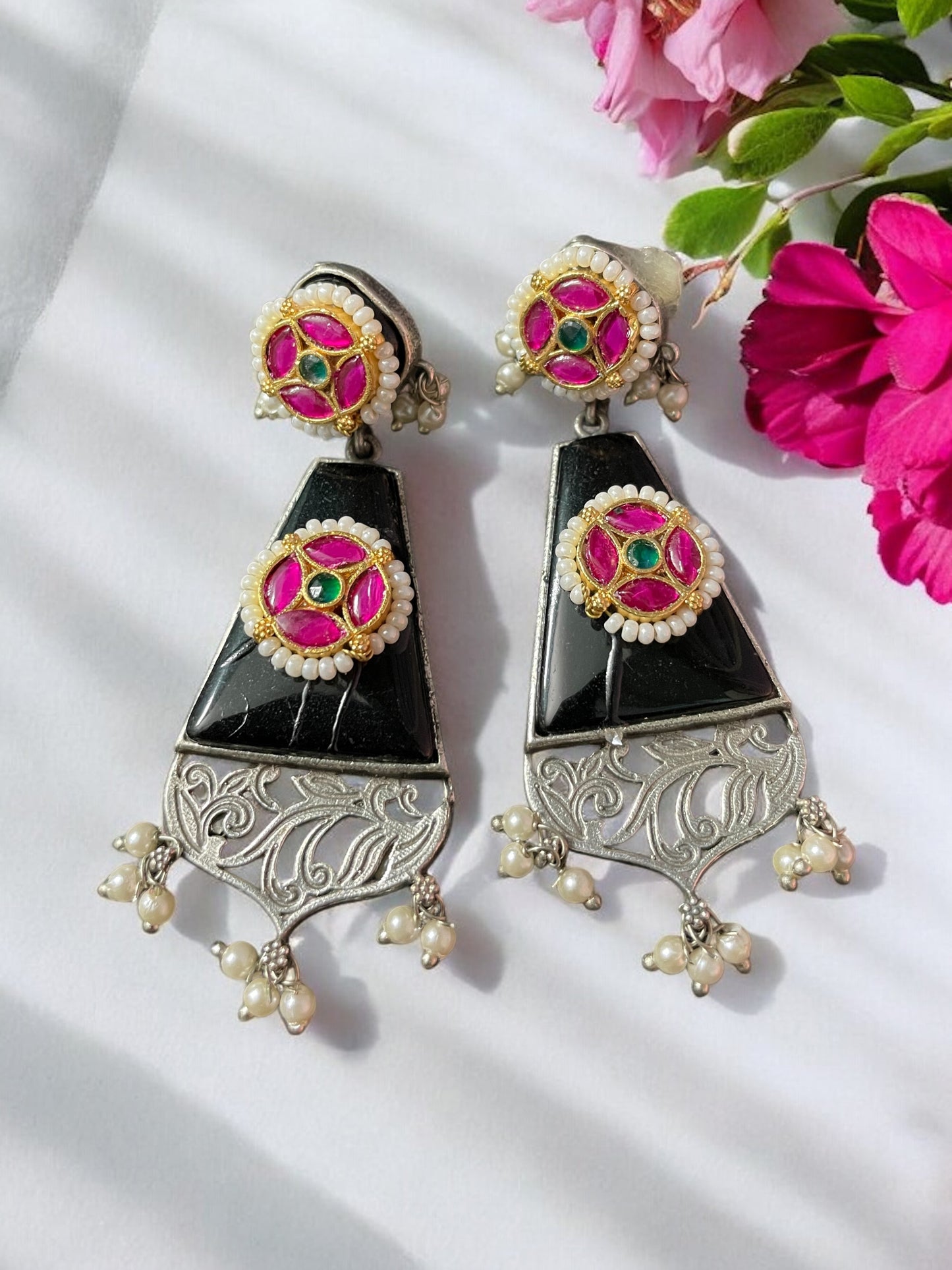 Rani Silver Pachi Kundan Earrings