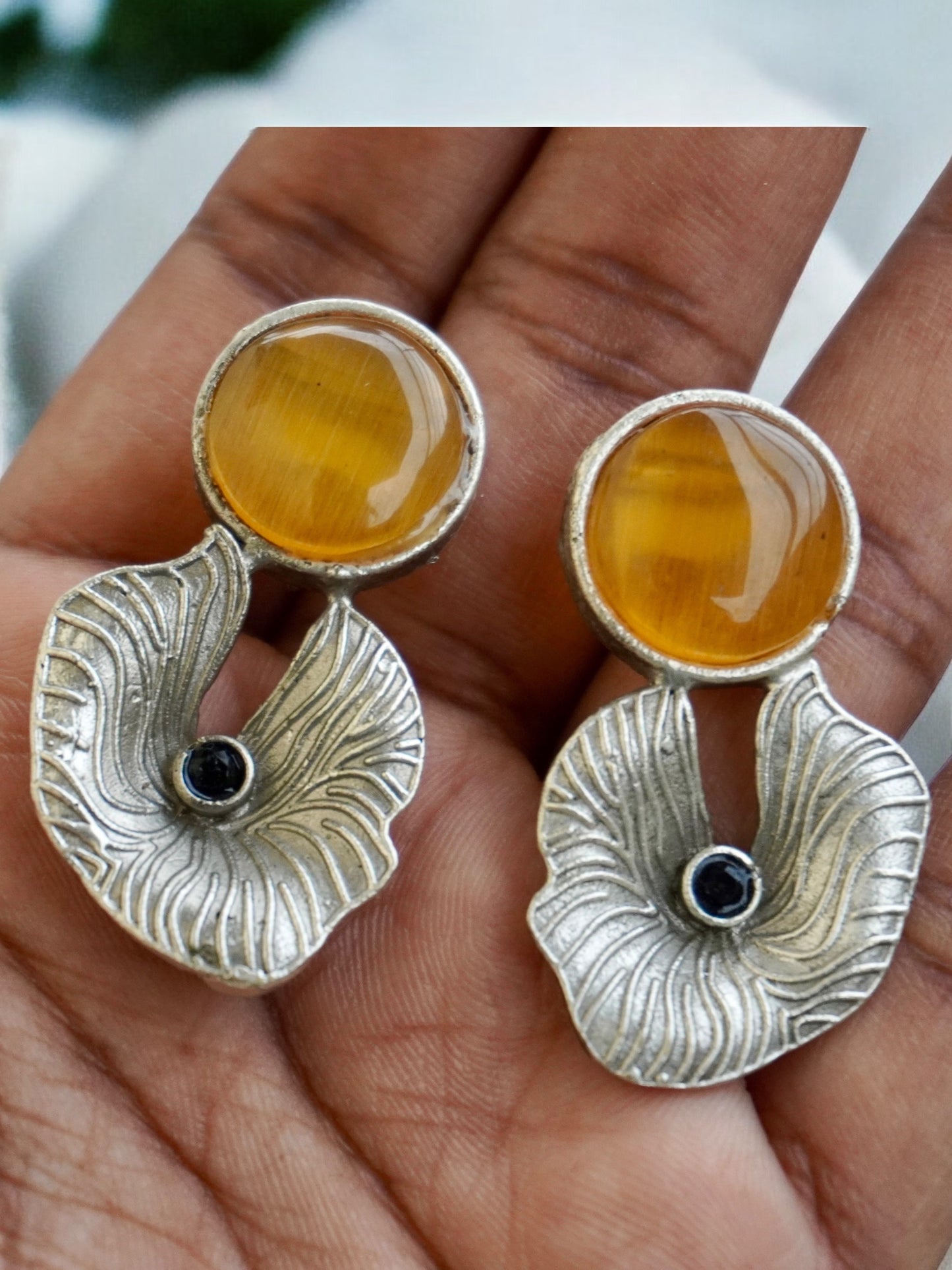 Nisha Silver Replica Jhumka with Monalisa Stone and Embedded Pattern