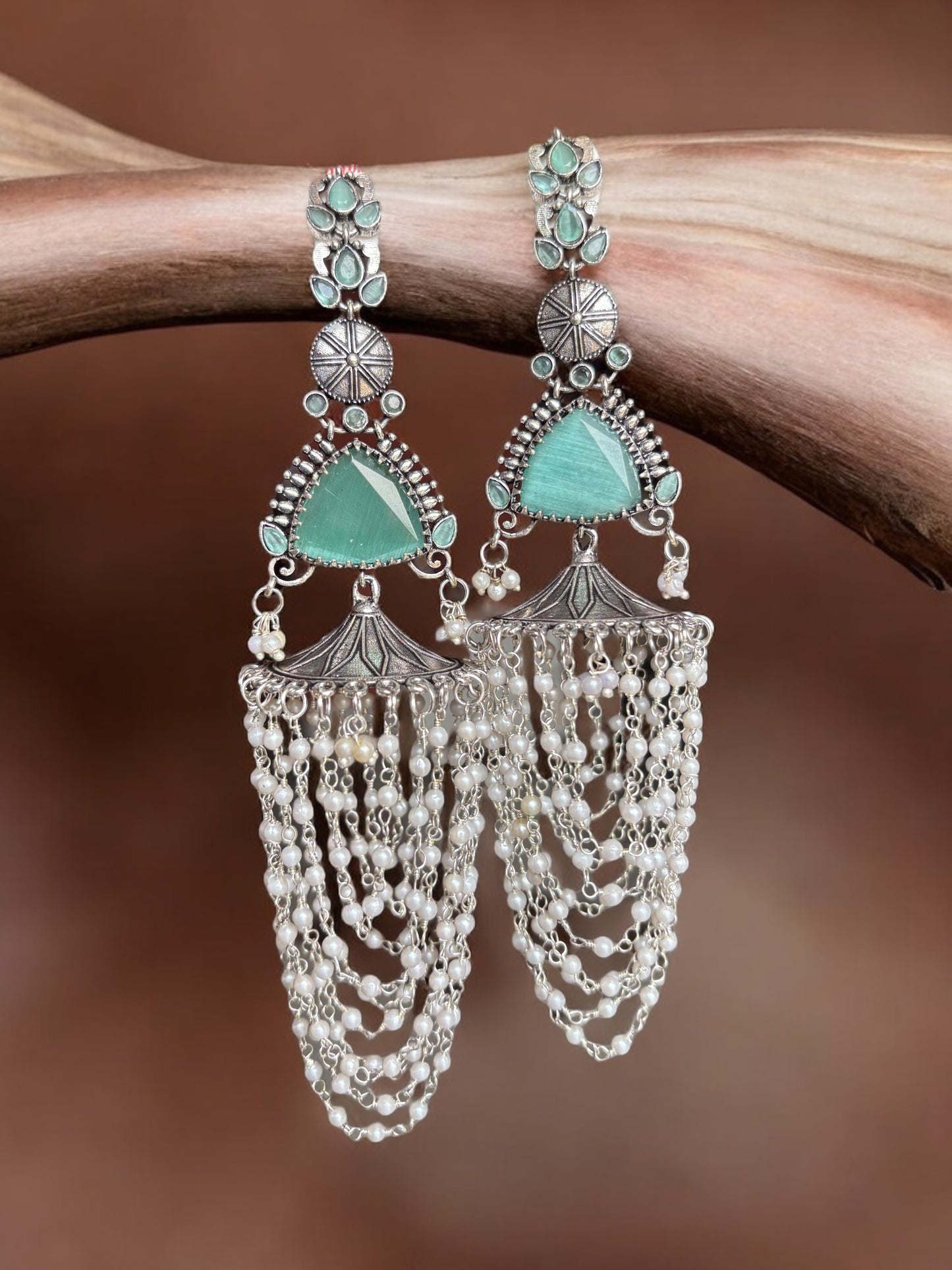 Shanaya Long Silver Monalisa Jhumka