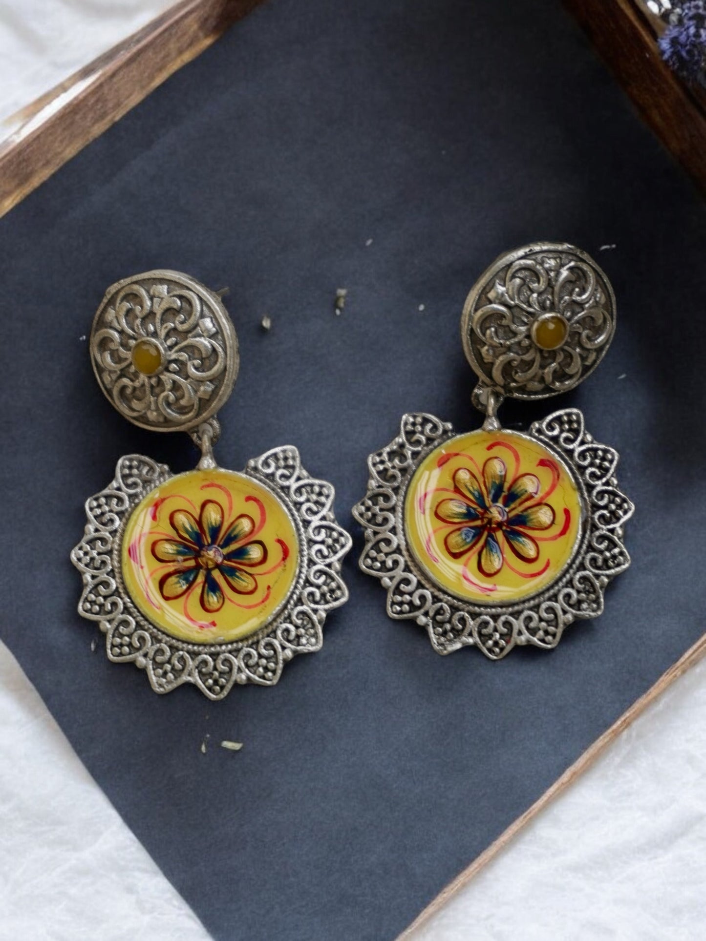 Noor Handpainted Silver Replica Earring with Original Monalisa Stone
