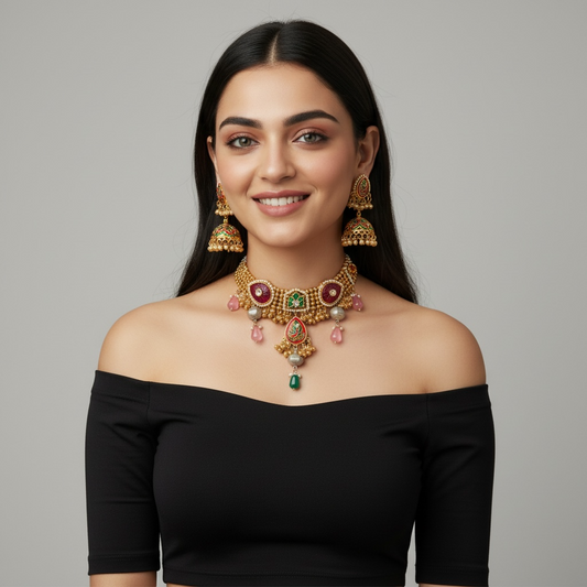 Neerja Handcrafted Kundan Necklace- Red