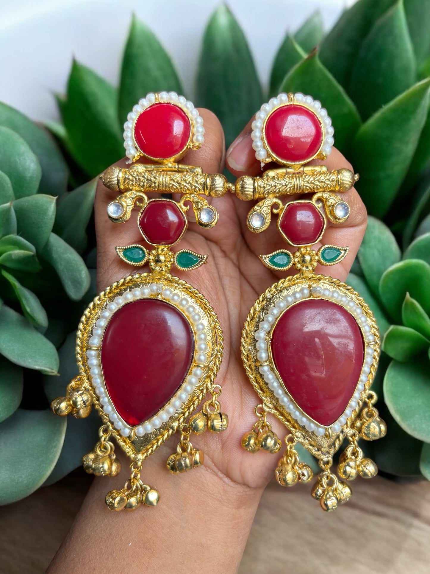 Jasmine Big Monalisa Stone Brass Earrings