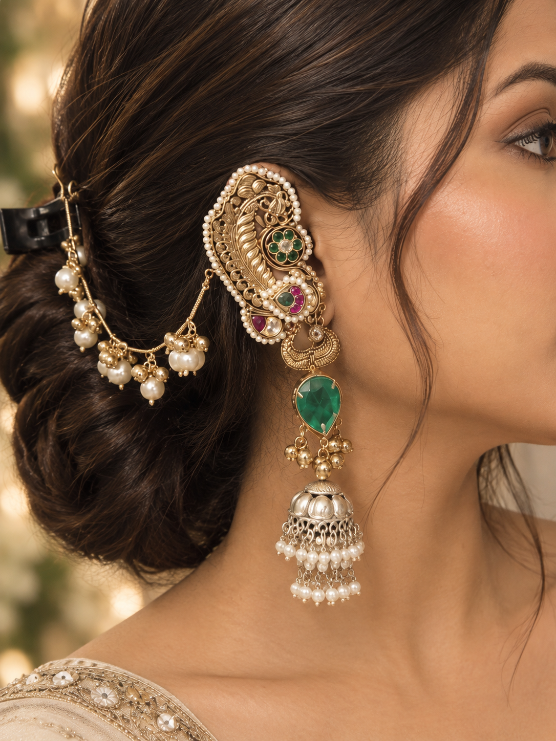 Royal Green Kundan Ear Cuff Jhumka | Traditional Designer Earrings
