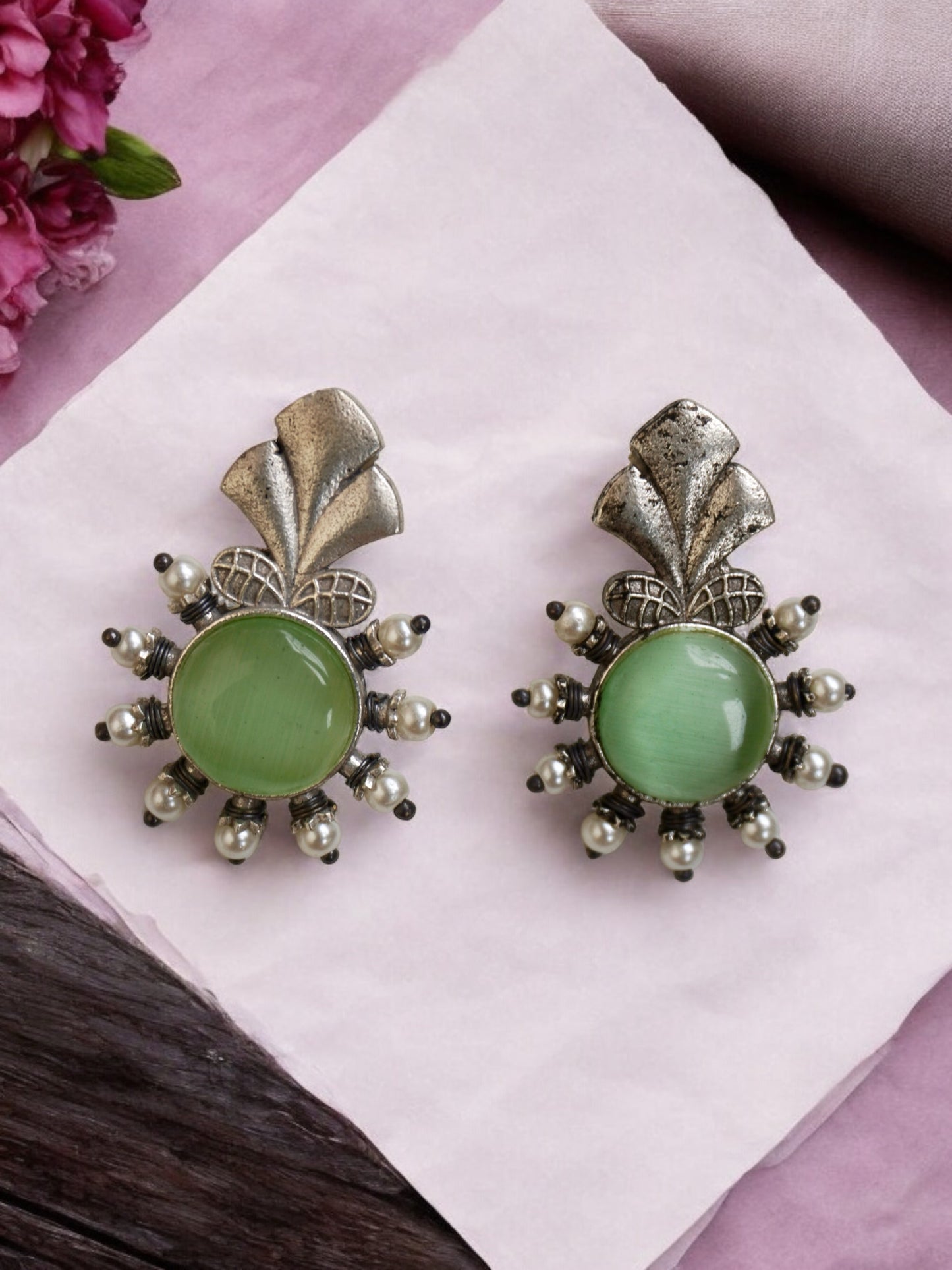 Anaya Silver Replica Jhumka with Monalisa Stone and Flower Pattern