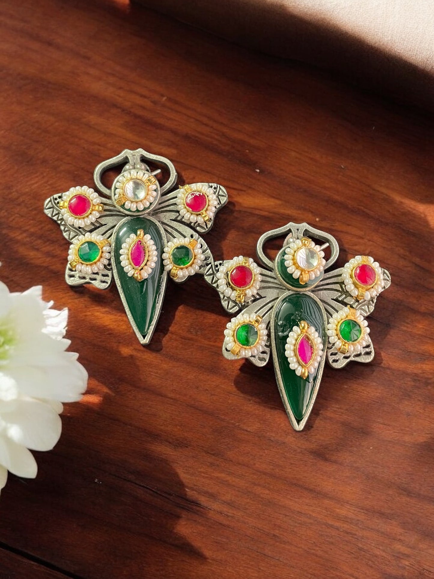 Ritika Silver Pacchi Kundan Earrings