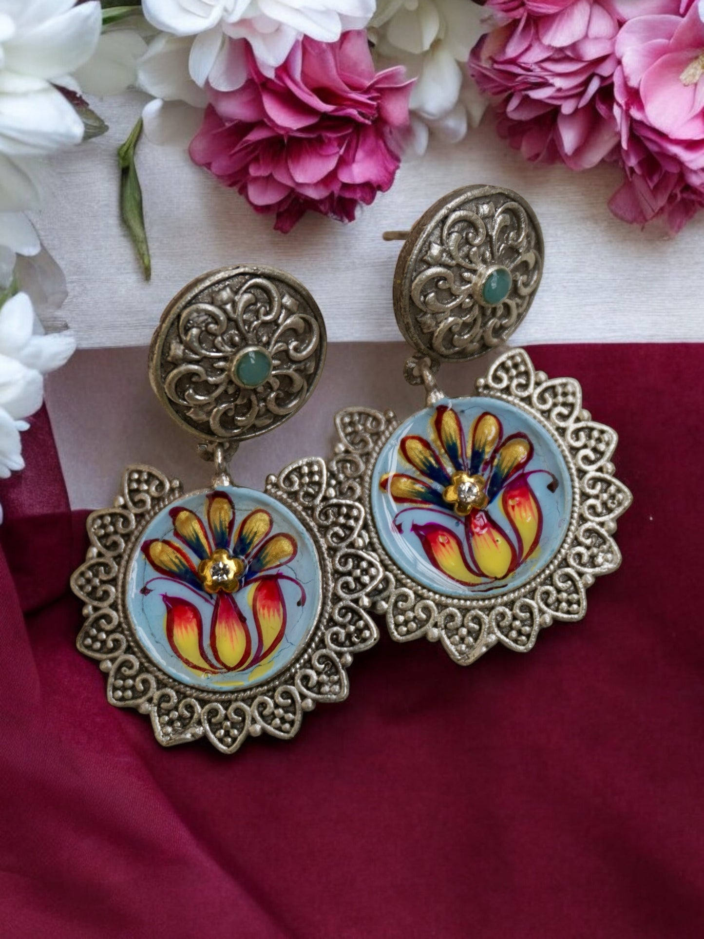 Noor Handpainted Silver Replica Earring with Original Monalisa Stone