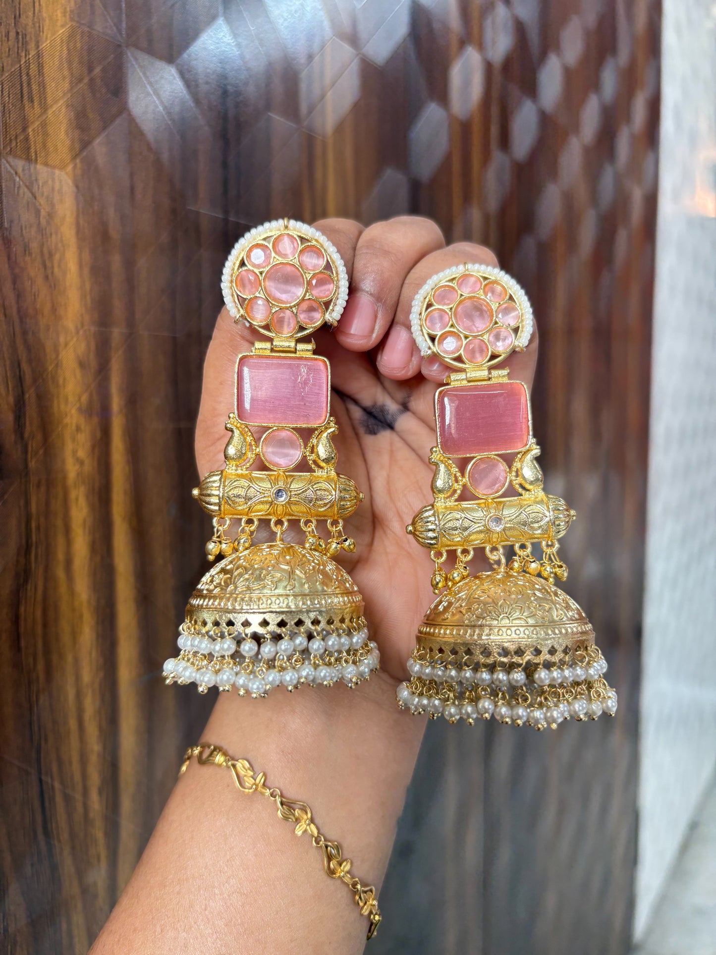 Gulbahar Pink Stone Jhumka Earrings