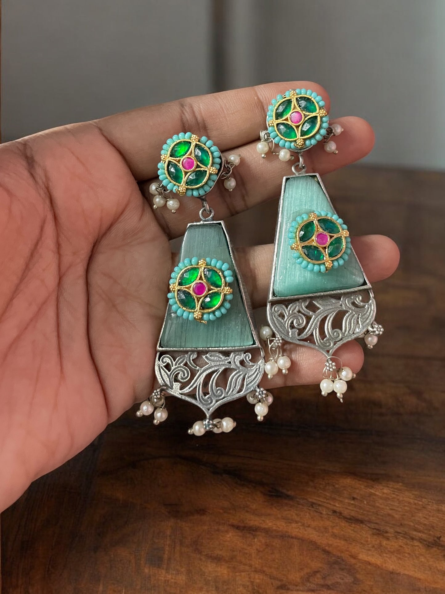 Rani Silver Pachi Kundan Earrings