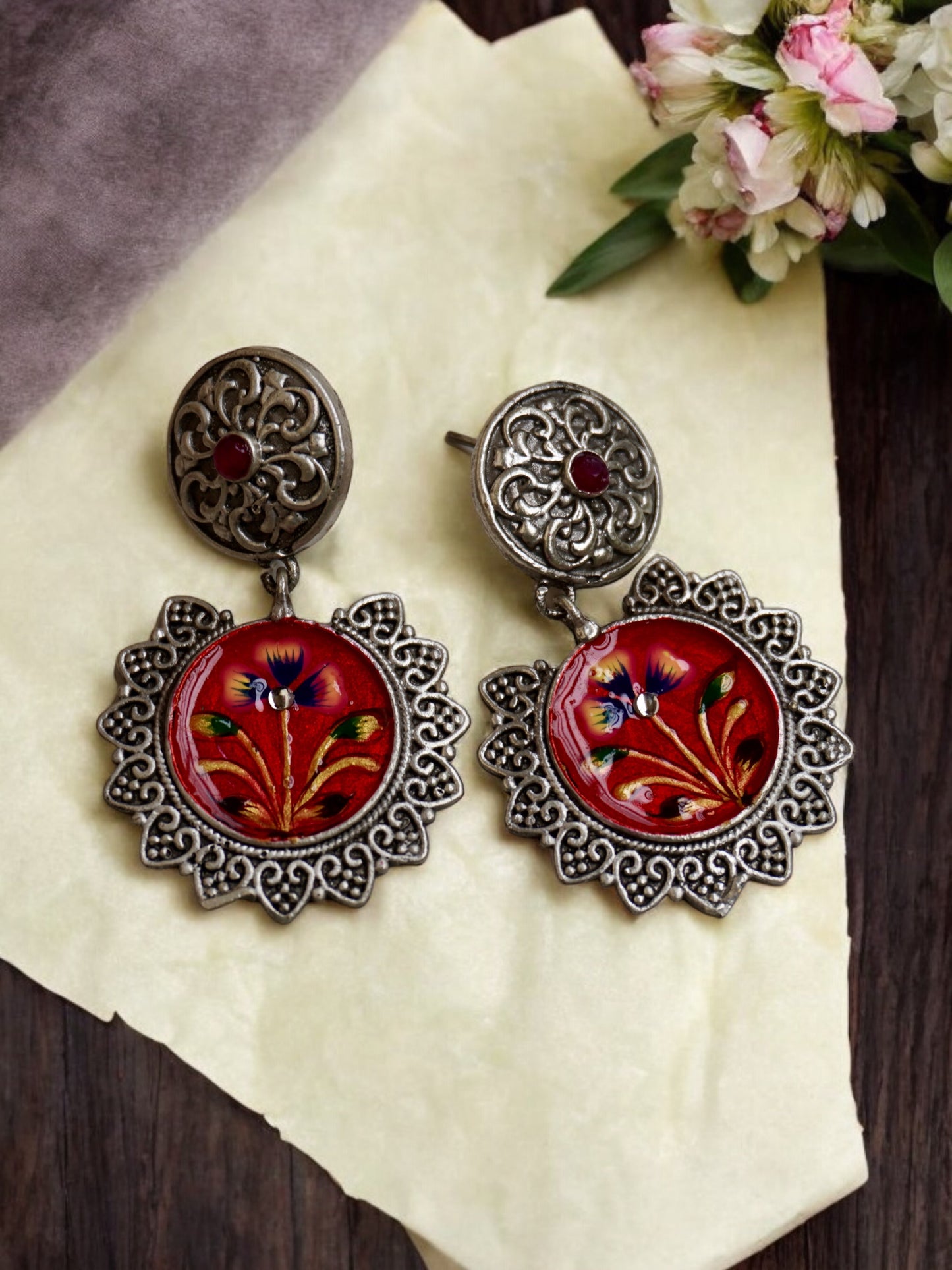 Noor Handpainted Silver Replica Earring with Original Monalisa Stone