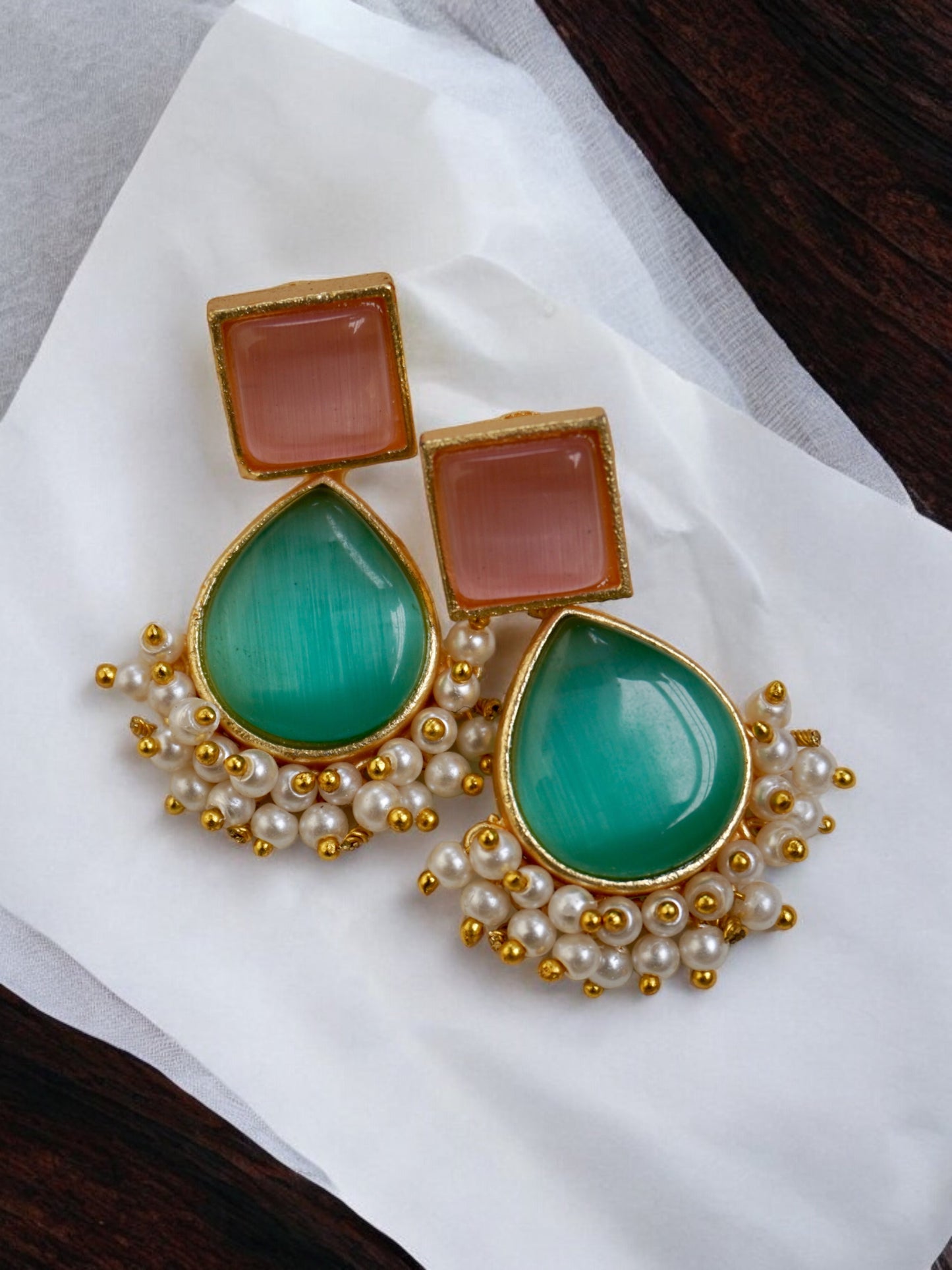 Hana Golden Brass Earring with Original Monalisa Stone