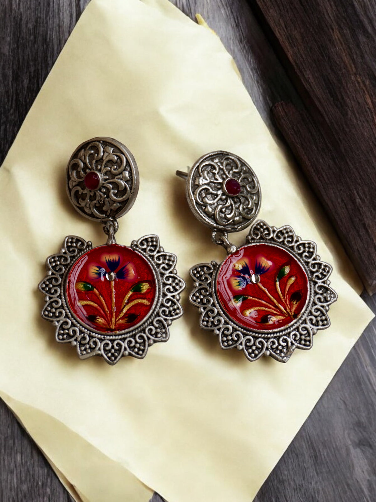 Noor Handpainted Silver Replica Earring with Original Monalisa Stone