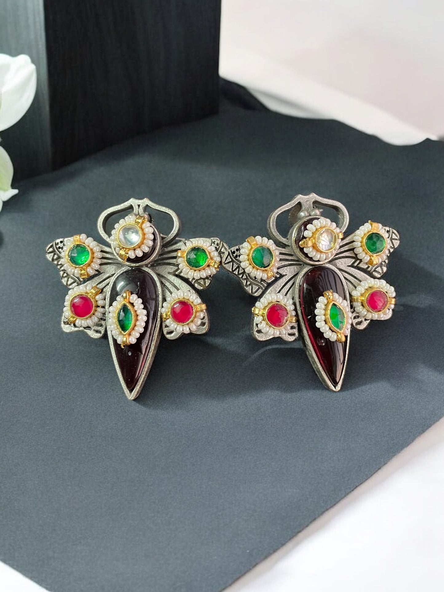Ritika Silver Pacchi Kundan Earrings