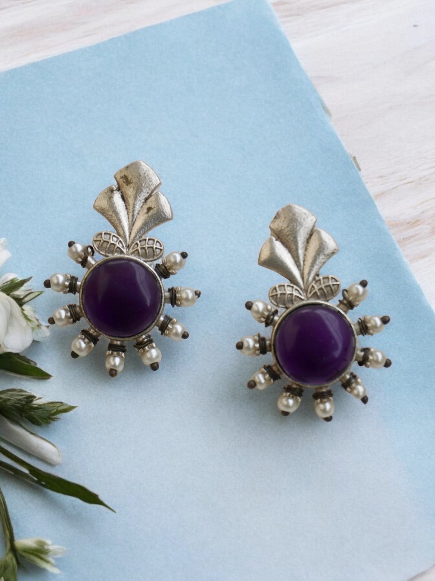 Anaya Silver Replica Jhumka with Monalisa Stone and Flower Pattern