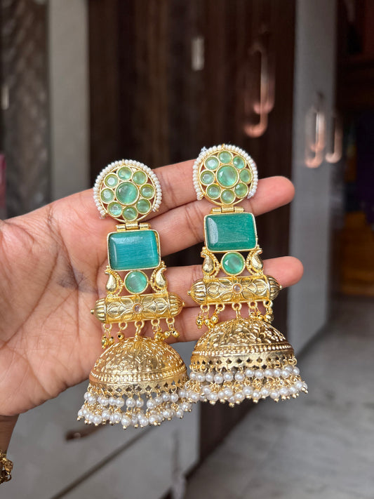 Gulbahar MintGreen Stone Jhumka Earrings