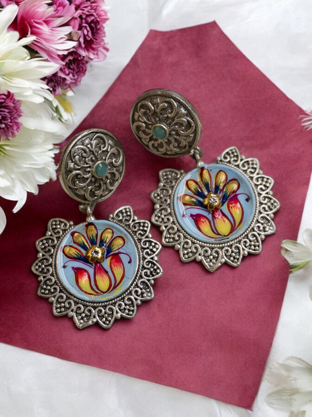 Noor Handpainted Silver Replica Earring with Original Monalisa Stone