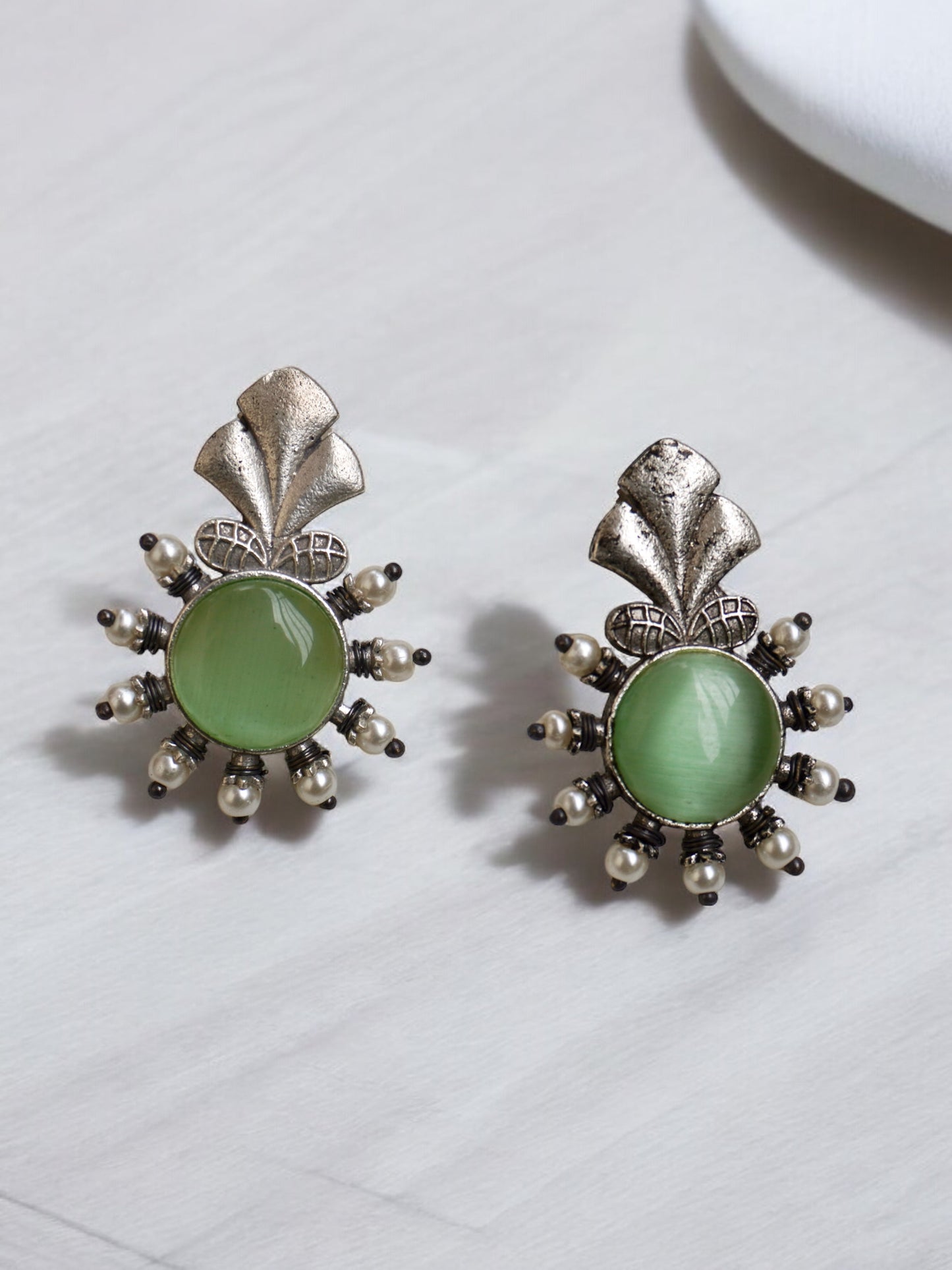 Anaya Silver Replica Jhumka with Monalisa Stone and Flower Pattern