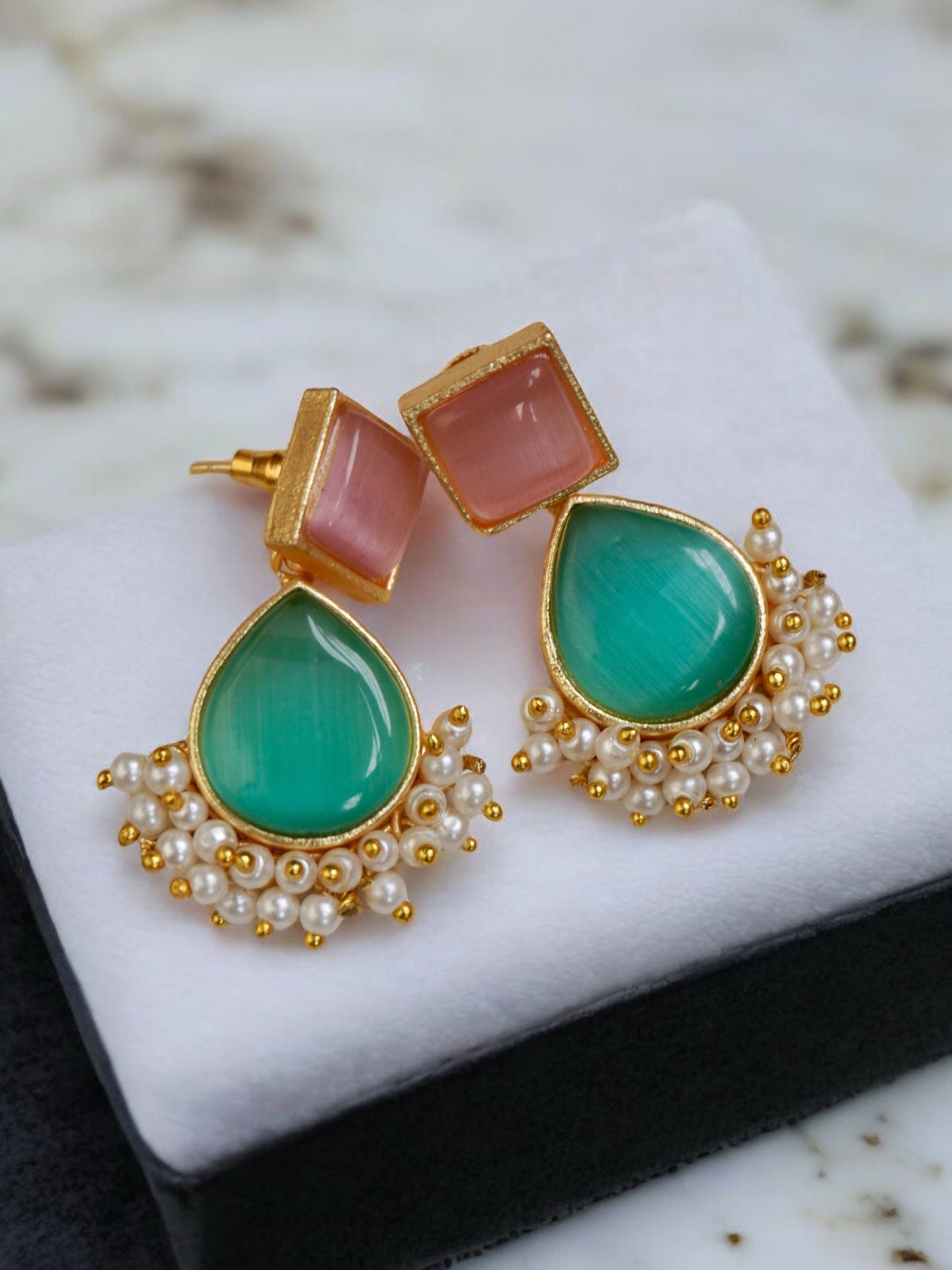 Hana Golden Brass Earring with Original Monalisa Stone