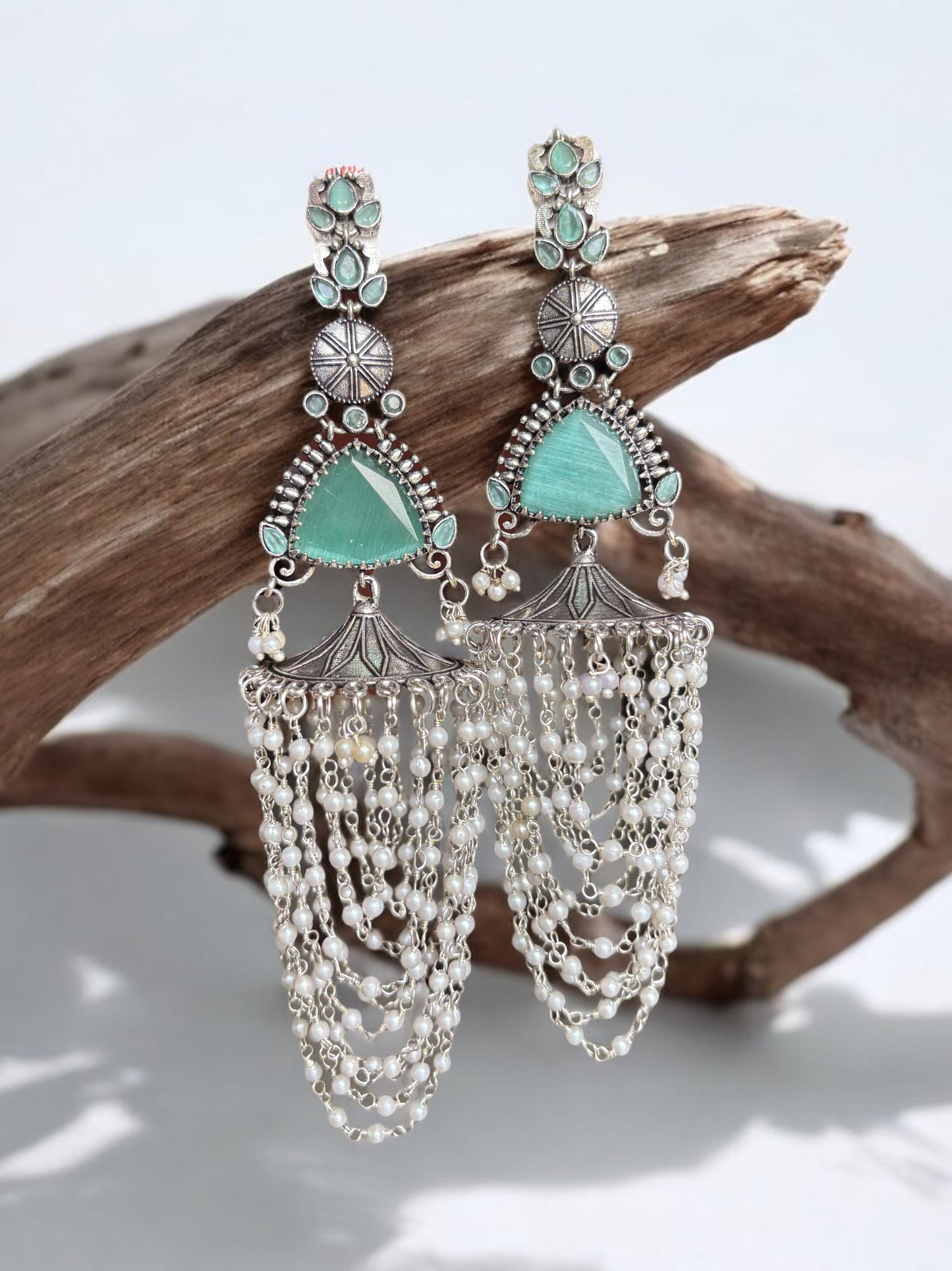 Shanaya Long Silver Monalisa Jhumka