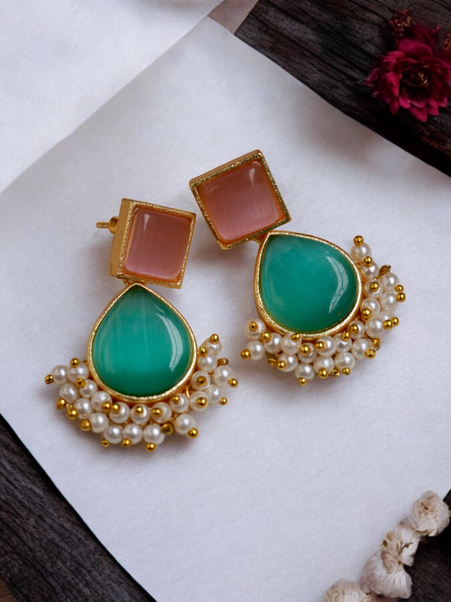 Hana Golden Brass Earring with Original Monalisa Stone