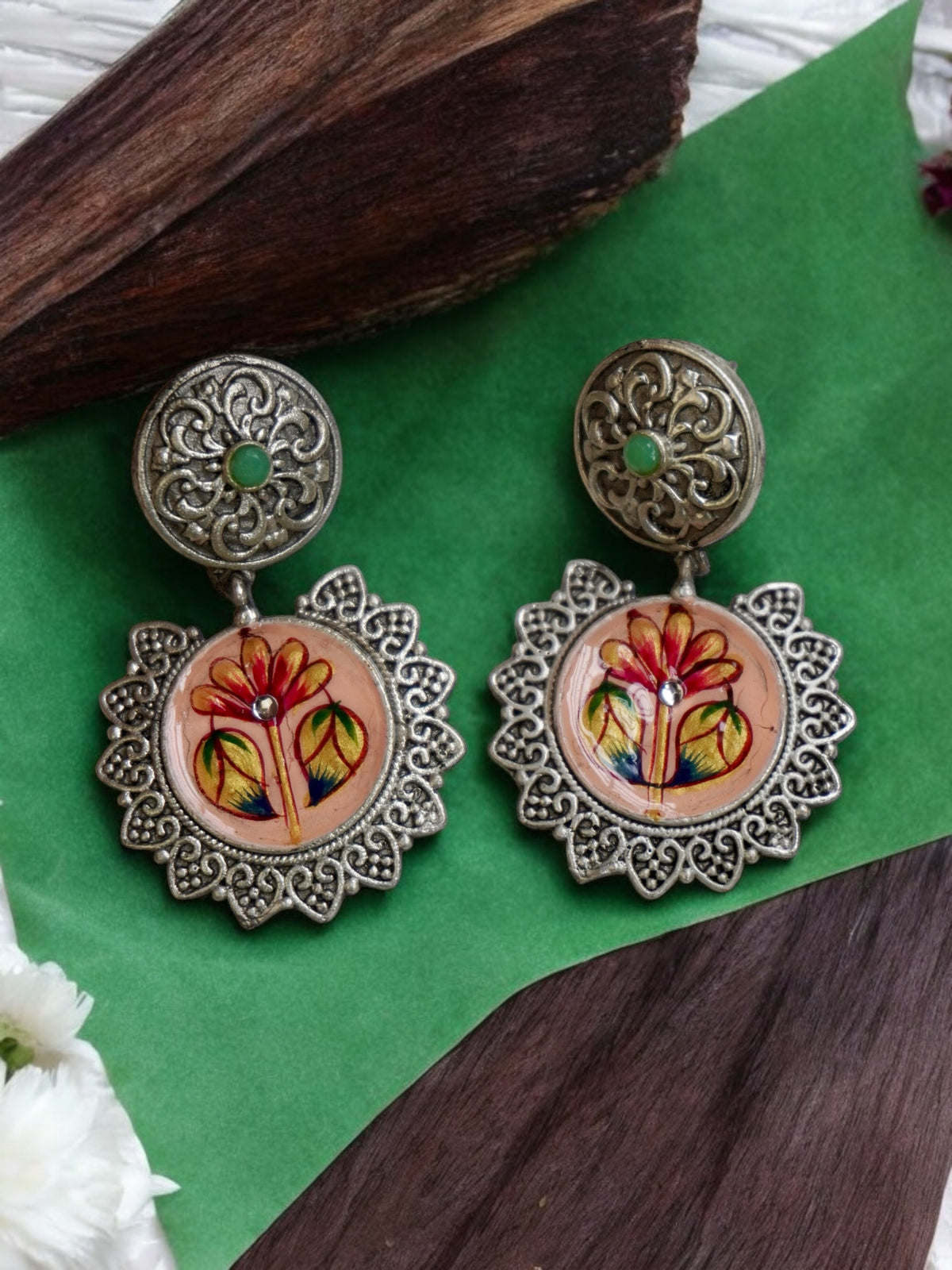 Noor Handpainted Silver Replica Earring with Original Monalisa Stone