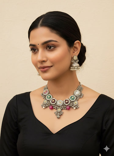 Afreen Silver Replica Necklace Set